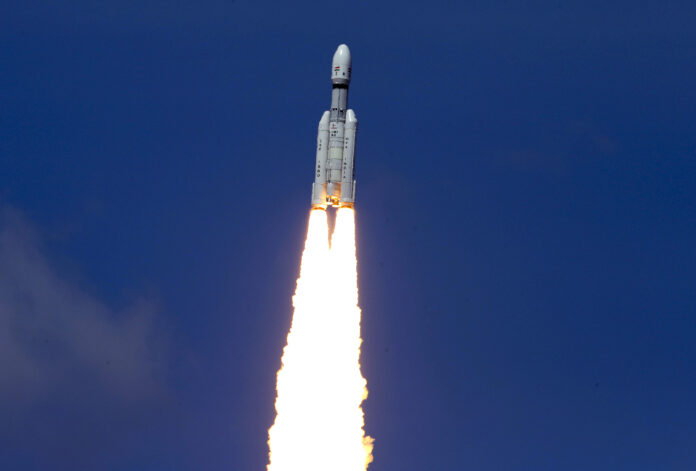 Sriharikota: ISRO's Launch Vehicle Mark-III (LVM3) M4 rocket carrying 'Chandrayaan-3' lifts off from the launch pad at Satish Dhawan Space Centre, in Sriharikota, Friday, July 14, 2023. (PTI Photo)(PTI07_14_2023_000382B)